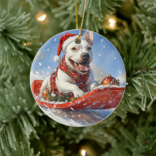Décoration En Céramique Bull Terrier dans un traîneau, qu'il neige, Noël