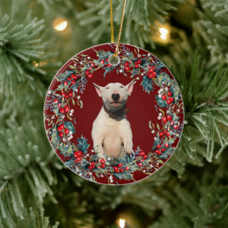 Décoration En Céramique Bull Terrier Puppy 1er Noël Noël Xmas wreath rouge