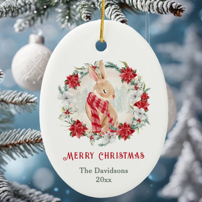 Décoration En Céramique Bunny Poinsettia Aquarelle Nom Noël (Bunny Poinsettia Watercolor Name Christmas Ceramic Ornament)