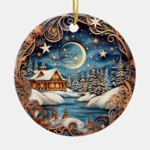 Décoration En Céramique Cabine Dans La Nuit D'Hiver Boisée