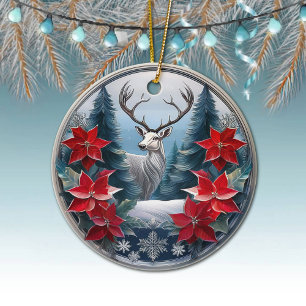 Décoration En Céramique Cadre élégant en argent Cerf Poinsettias