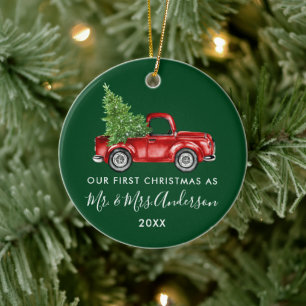 Décoration En Céramique Calligraphie M. Mme Premier Noël Camion Vert