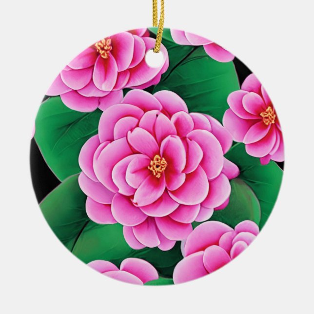 Décoration En Céramique Camellias rose Fuchsia et Feuilles verts Jade (Devant)