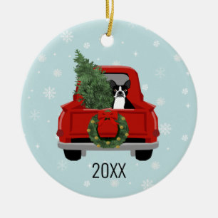 Décoration En Céramique Camion rouge de Noël Boston Terrier