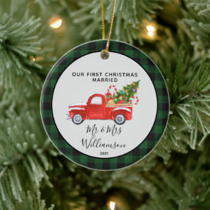 Décoration En Céramique Camion Rouge Premier Noël Mari Buffalo Plaid O