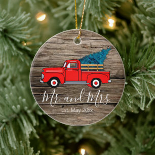 Décoration En Céramique Camion rouge vintage, motif en bois rustique