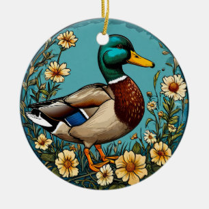 Décoration En Céramique Canard colvert entouré de fleurs vibrantes dans un