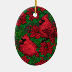 Décoration En Céramique Cardinaux et poinsettia pour Noël