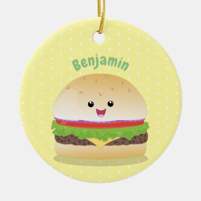 Décoration En Céramique Caricature de hamburger kawaii joyeux (Devant)