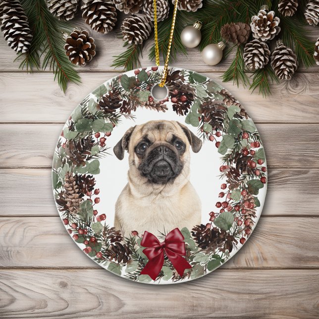 Décoration En Céramique Carlin Chien Rouge Bow Pinecone Wreath Personnalis (Créateur téléchargé)