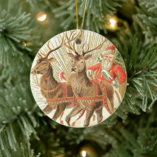 Décoration En Céramique Carte postale de Noël vintage, Père Noël avec renn