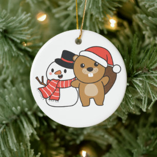 Décoration En Céramique Castor Avec Snowman En Hiver À Noël Céramique
