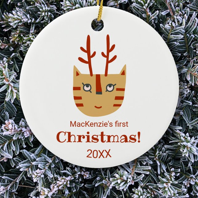 Décoration En Céramique Cat First Christmas (Fun cat personalized name first Christmas ornament)