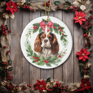 Décoration En Céramique Cavalier King Charles Spaniel Red Bow Holly Wreath