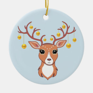 Décoration En Céramique Cerf doré de Noël sur fond bleu clair