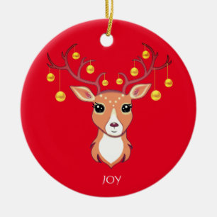 Décoration En Céramique Cerf doré de Noël sur fond rouge