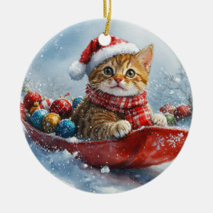 Décoration En Céramique Chat Abyssin en Traîneau Laissez Tomber la Neige N