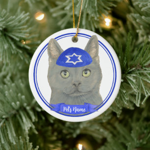 Décoration En Céramique Chat Chartreux personnalisé Yarmulke Bleu Blanc
