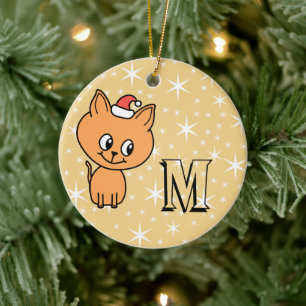 Décoration En Céramique Chat de Noël mignon, monogramme personnalisé et