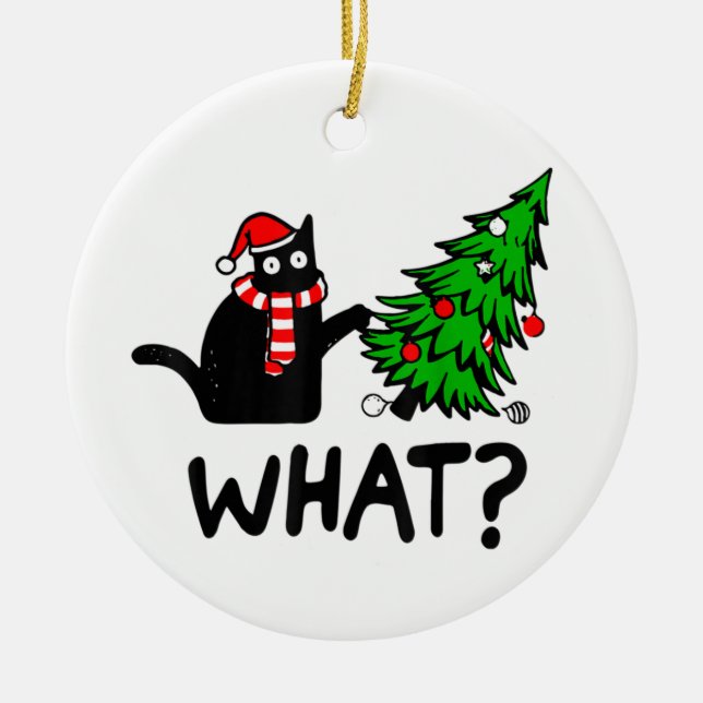 Décoration En Céramique Chat drôle Ce Chat Noir Poussant Arbre de Noël T- (Devant)