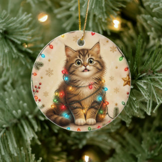 Décoration En Céramique Chat drôle enveloppé dans l'ornement de lumières d