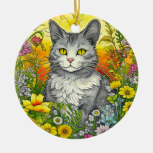 Décoration En Céramique Chat Fantaisiste et Fleurs