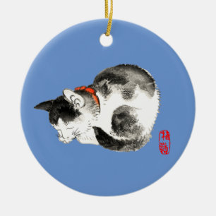 Décoration En Céramique Chat japonais couché noir et blanc