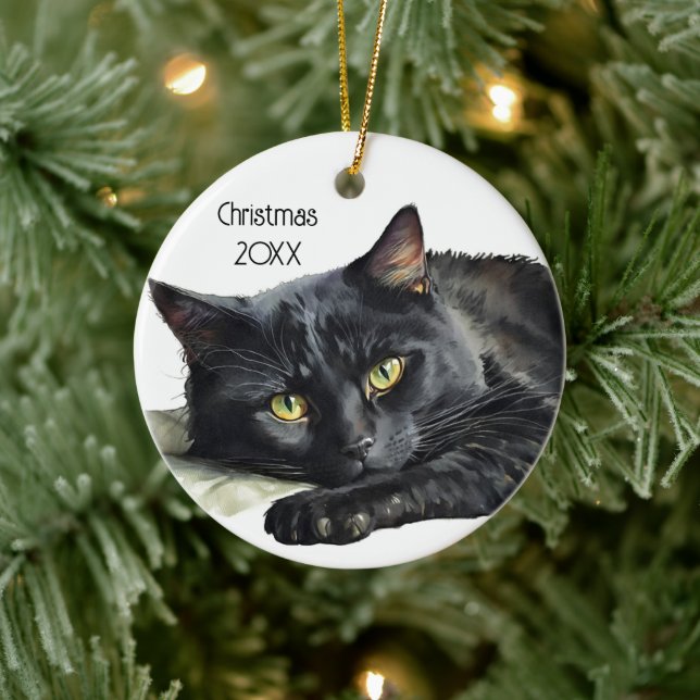 Décoration En Céramique Chat noir aquarelle blanc (Arbre)