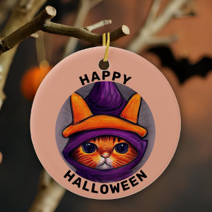 Décoration En Céramique Chat orange avec chapeau de sorcière violet Joyeux