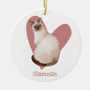 Décoration En Céramique Chat Siamois Aquarelle Kitty Coeur rose