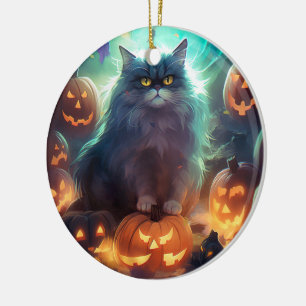 Décoration En Céramique Chat Sibérien D'Halloween Avec Peur Citrouille