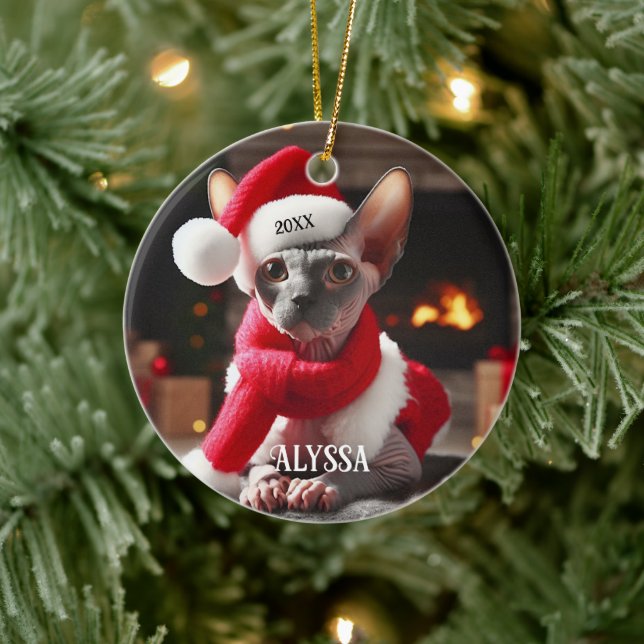 Décoration En Céramique Chat Sphynx à Santa Hat Noël (Arbre)