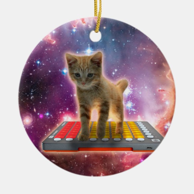 Décoration En Céramique Chat sur synthétiseurs dans l'espace (Devant)