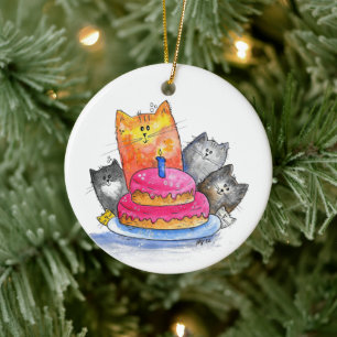 Décoration En Céramique Chats Whimsical avec gâteau d'anniversaire