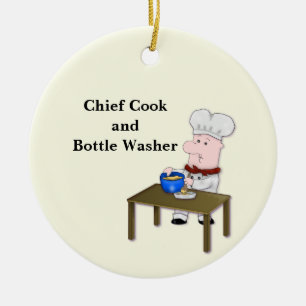 Décoration En Céramique Chef de dessin, "Chef cuisinier et lave-bouteille"