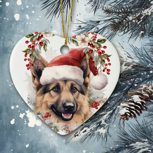 Décoration En Céramique Chien berger allemand Holly Wreath Noël