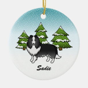 Décoration En Céramique Chien de bande dessinée Bi-Black Sheltie en hiver