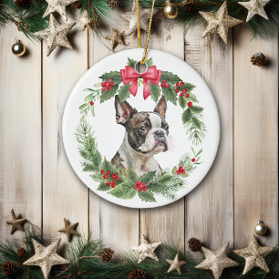 Décoration En Céramique Chien de Boston Terrier Red Bow Holly Wreath