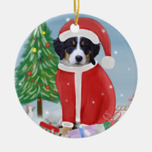 Décoration En Céramique Chien de montagne bernois en neige avec cadeaux de