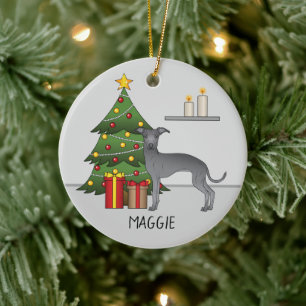 Décoration En Céramique Chien Lévrier Italien Bleu Avec Un Arbre De Noël