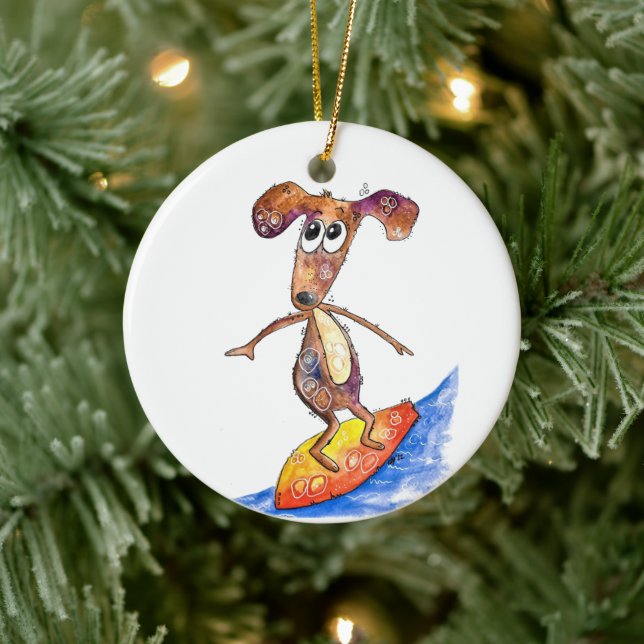 Décoration En Céramique Chien mignon Whimsical sur Surboard (Arbre)
