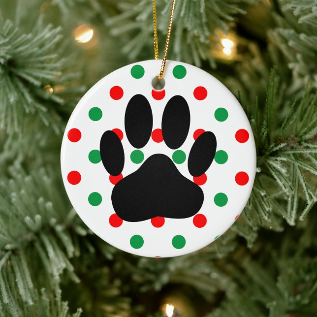 Décoration En Céramique Chien Pawprint Rouge Vert Pois (Arbre)