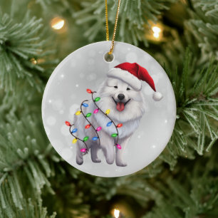 Décoration En Céramique Chien Samoyède Mignon Enveloppé de Guirlandes de N