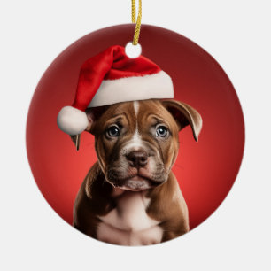 Décoration En Céramique Chiot taureau à Santa Hat