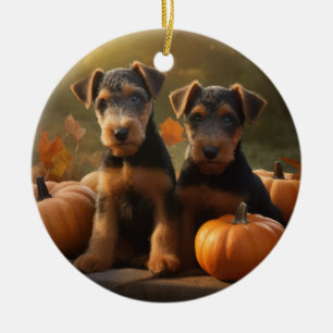 Décoration En Céramique Chiots Airedale Automne Délice Citrouille