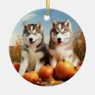 Décoration En Céramique Chiots Malamute d'Alaska Délice d'Automne Citrouil
