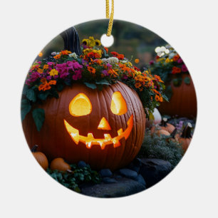 Décoration En Céramique Citrouilles d'Halloween sculptés décorés de fleurs