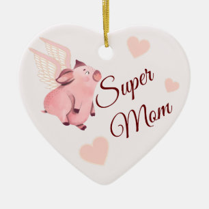 Décoration En Céramique Cochon volant mou   Super Maman   Coeurs roses