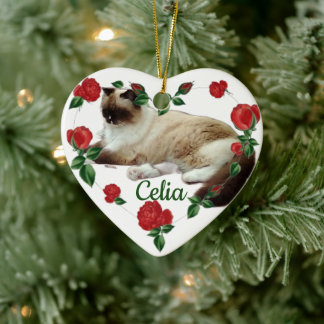 Décoration En Céramique Cœur de Noël Chat Personnalisé Avant et Arrière