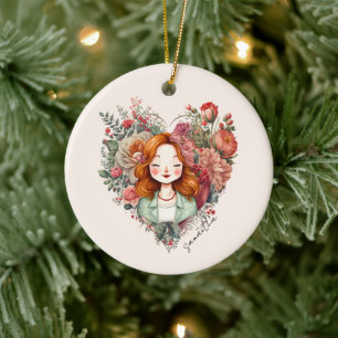 Décoration En Céramique Coeur des fleurs - Femme encadrée dans le coeur fl
